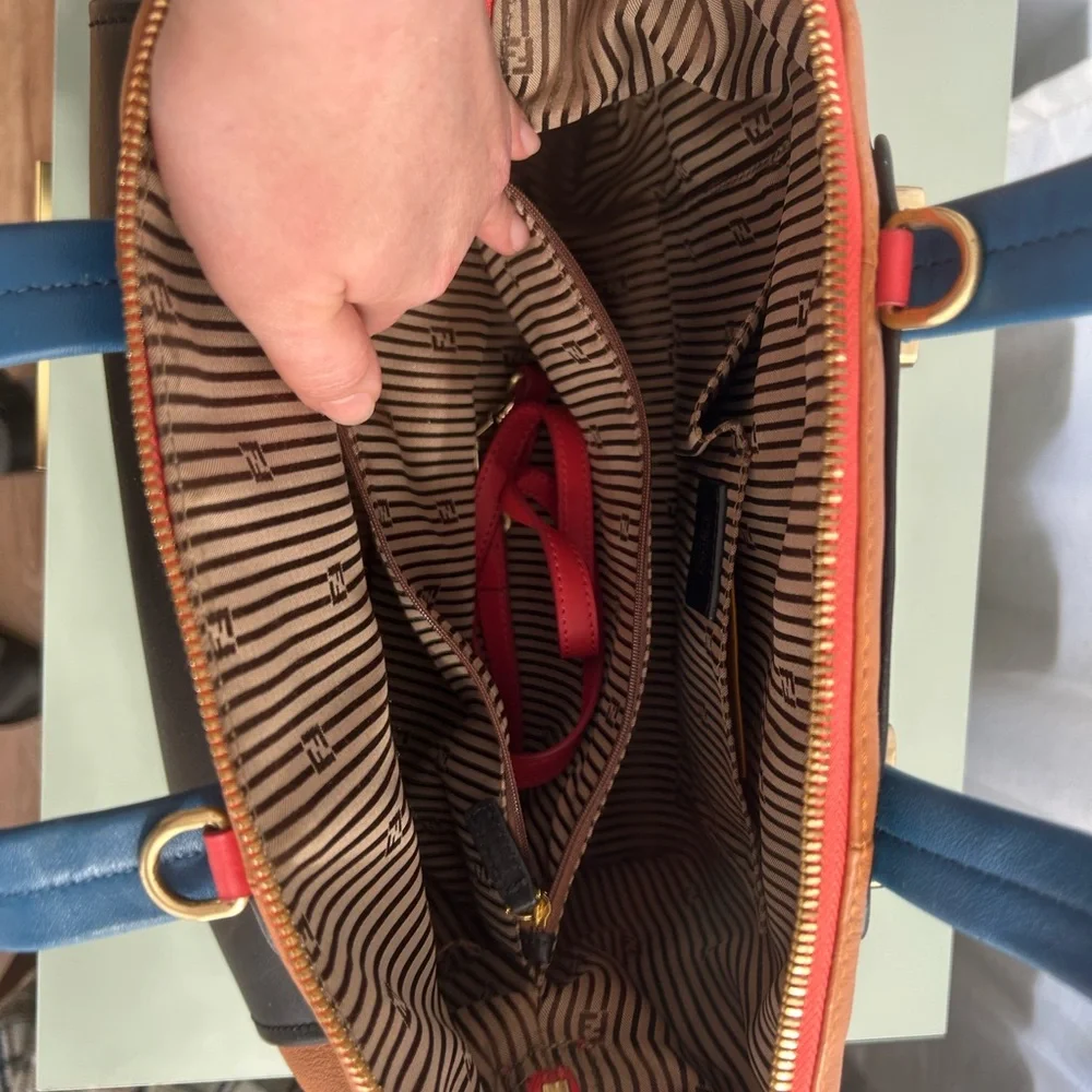 Fendi Black, Brown & Blue Leather Satchel with Gold Hardware - Picture 10 of 11